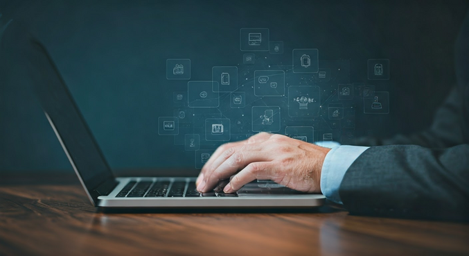 alt_text: Mały przedsiębiorca przy laptopie, planujący kampanię remarketingową w mediach społecznościowych.