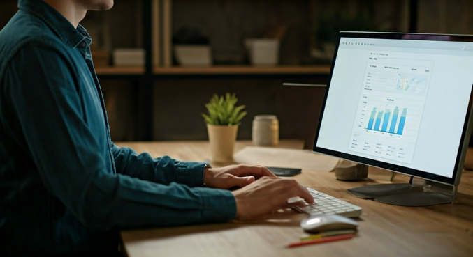 alt_text: Osoba w biurze optymalizuje ofertę sprzedażową produktów cyfrowych, analizując dane.