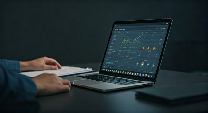 alt_text: Osoba pracująca na laptopie z wykresem, dokumentami, optymalizacja sprzedaży na Allegro.
