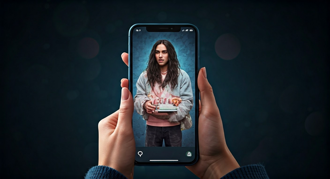 alt_text: Osoba korzysta z telefonu, na ekranie TikTok; wokół symbole pieniędzy i wykresy wzrostu.