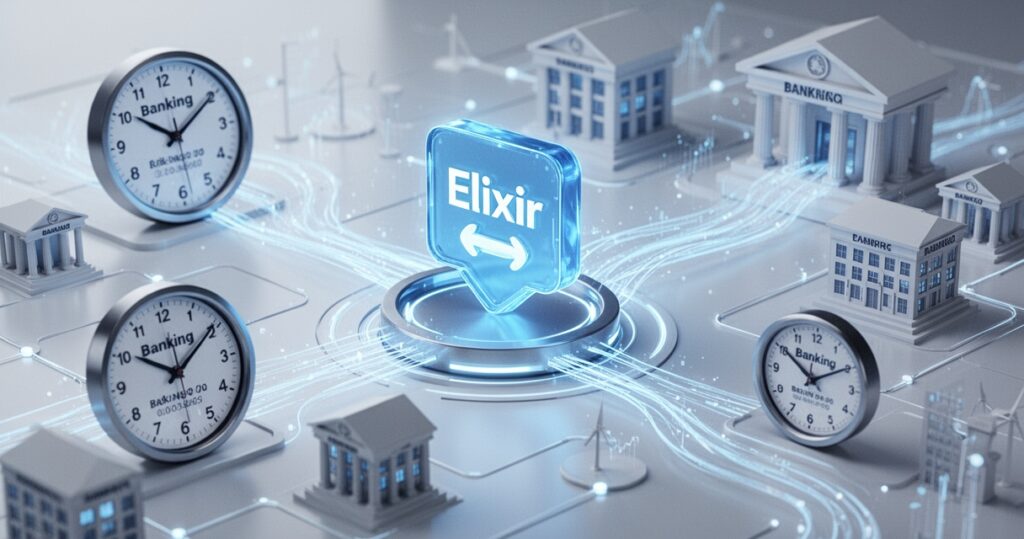 Symbol przelewu Elixir w futurystycznej sieci bankowej z elementami zegara i strumieniami danych między bankami