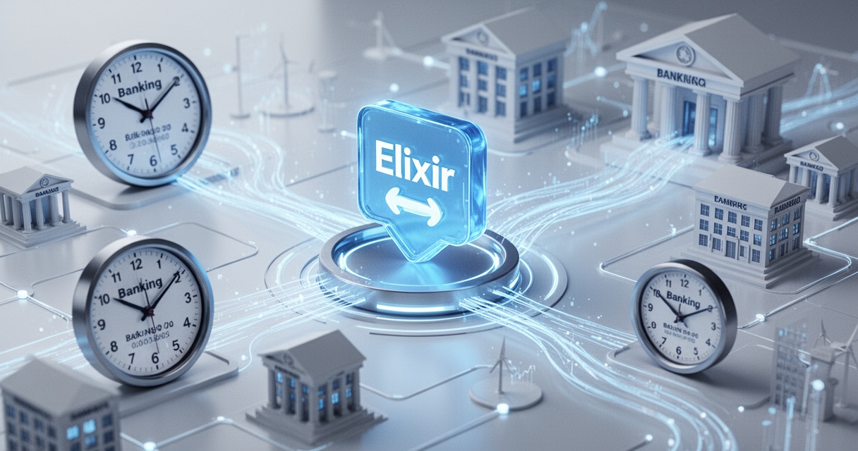 Symbol przelewu Elixir w futurystycznej sieci bankowej z elementami zegara i strumieniami danych między bankami
