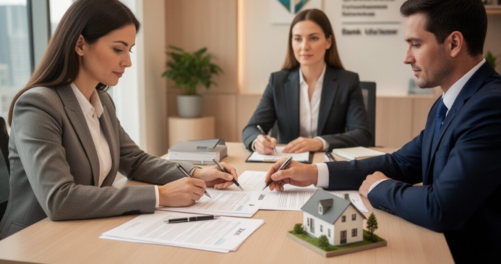 Dwie osoby podpisują dokumenty kredytowe z doradcą bankowym przy biurku z modelem domu, symbolizującym zabezpieczenie finanso
