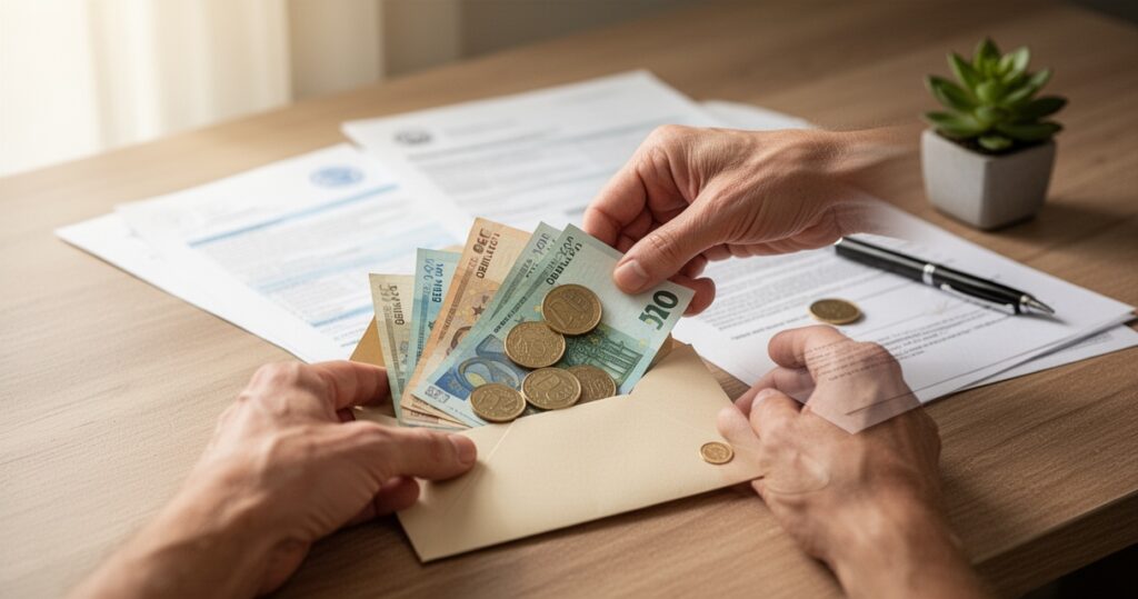 Dłonie układające monety i banknoty w kopercie na biurku, obok dokumenty i roślina – symbol wsparcia finansowego