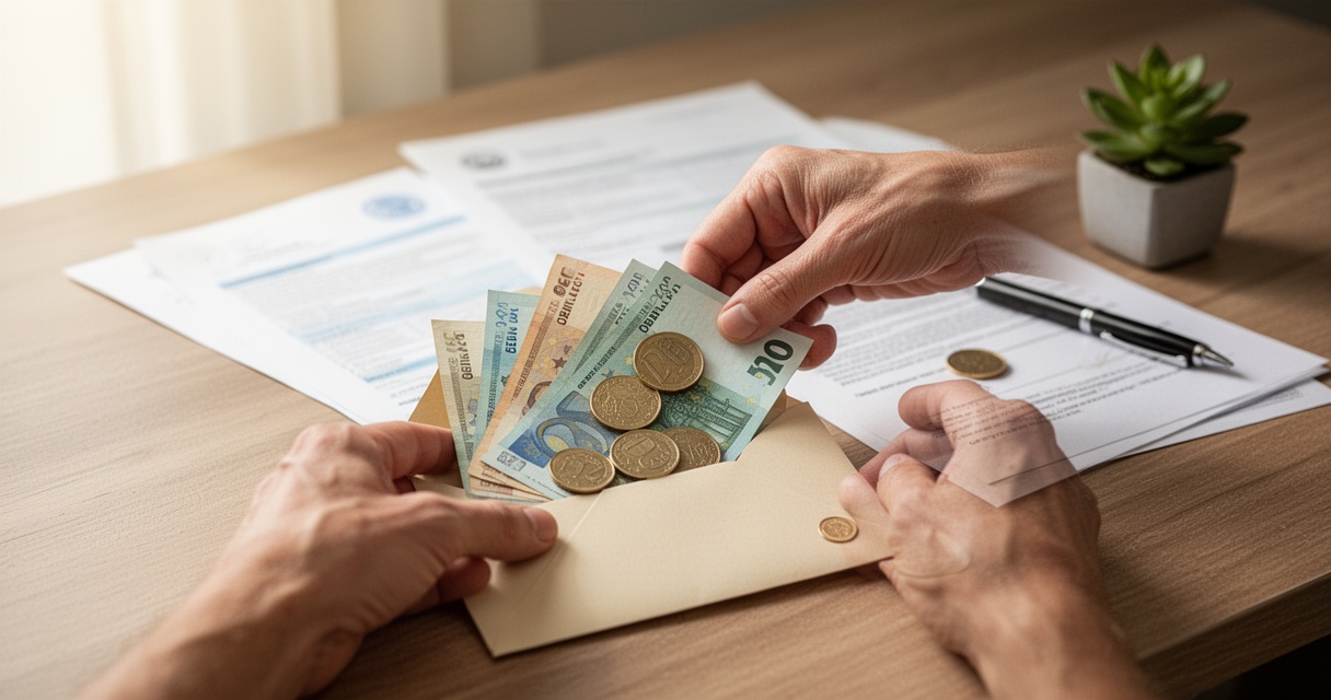 Dłonie układające monety i banknoty w kopercie na biurku, obok dokumenty i roślina – symbol wsparcia finansowego