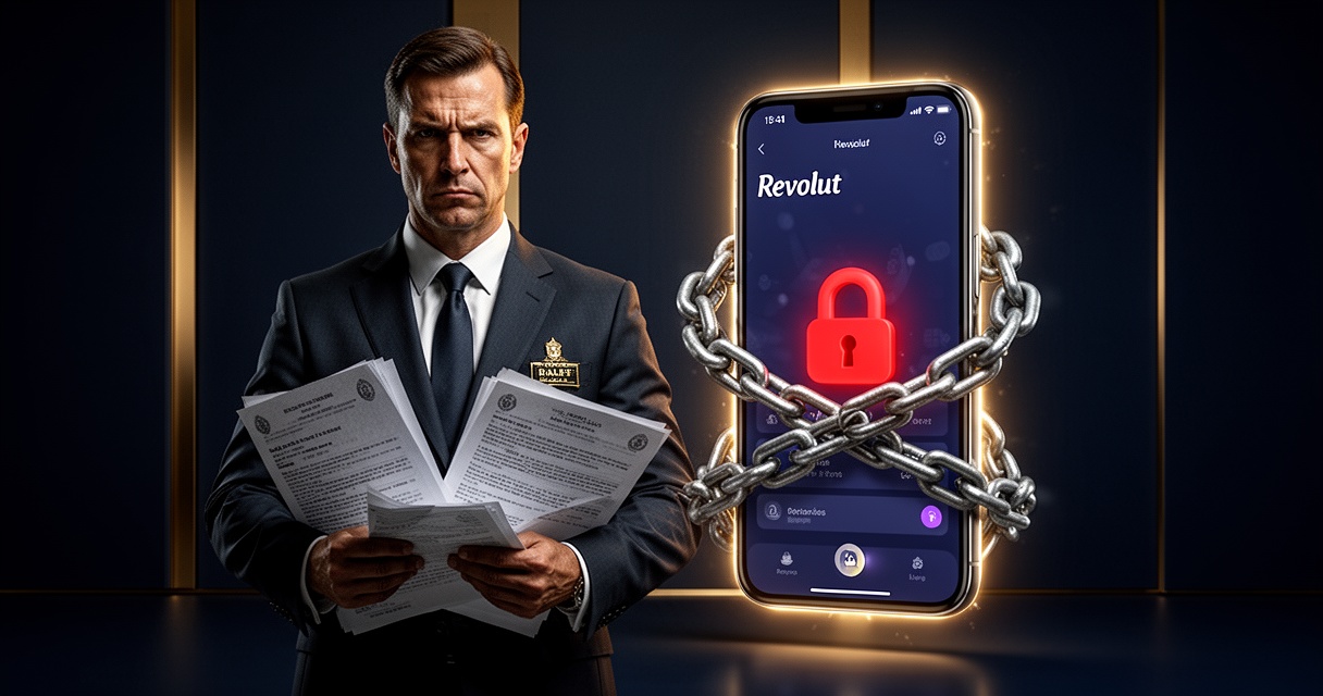 Komornik w ciemnym garniturze trzymający dokumenty, smartfon z aplikacją Revolut opleciony symbolicznymi łańcuchami i czerwon