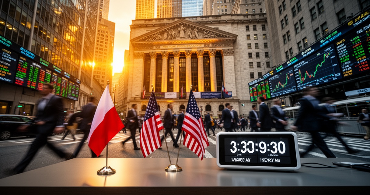 Wall Street o świcie – budynek NYSE w złotym świetle, zegary pokazujące 15:30 w Warszawie i 9:30 w Nowym Jorku