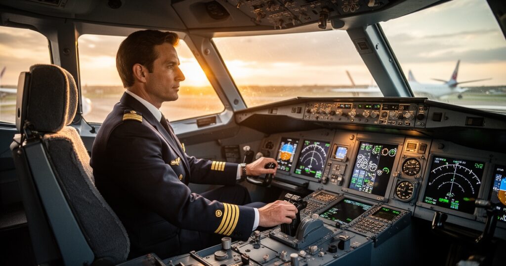 Pilot w mundurze siedzący w kokpicie samolotu pasażerskiego, obsługujący zaawansowane przyrządy lotnicze w złotym świetle