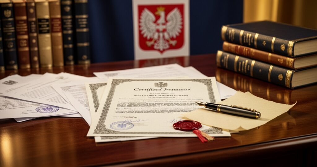 Biurko tłumacza przysięgłego z dokumentami urzędowymi, pieczęciami, certyfikatem z czerwoną pieczęcią lakową i wiecznym pióre