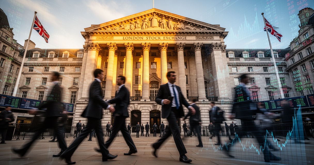 Budynek Londyńskiej Giełdy Papierów Wartościowych na Paternoster Square o świcie, z maklerami w garniturach na pierwszym plan