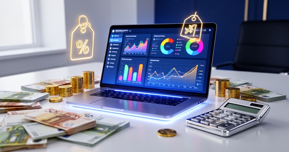Laptop z kolorowym dashboardem finansowym na nowoczesnym biurku, otoczony banknotami euro, złotymi monetami i kalkulatorem