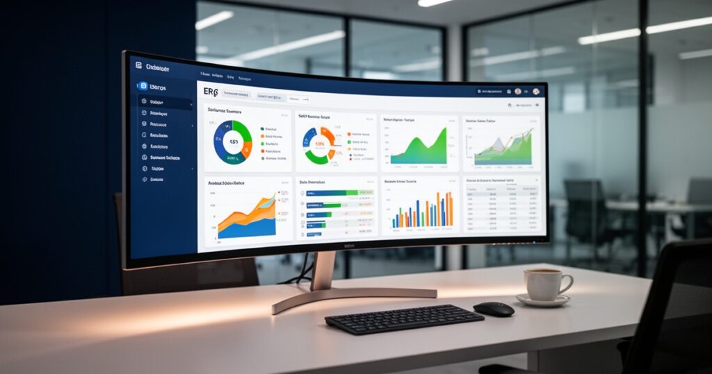 Nowoczesne biuro z monitorem ultrawide prezentującym dashboard ERP z wykresami i danymi biznesowymi w granatowo-zielonej kolo