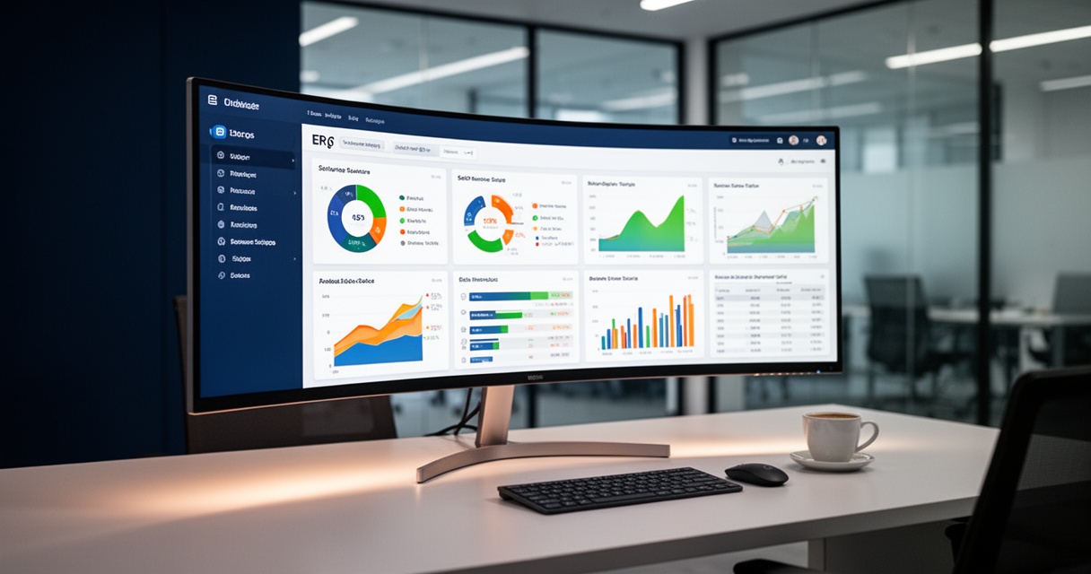 Nowoczesne biuro z monitorem ultrawide prezentującym dashboard ERP z wykresami i danymi biznesowymi w granatowo-zielonej kolo