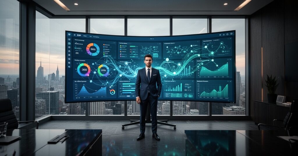 Biznesmen w garniturze stoi przed zakrzywionym monitorem z dashboardem ERP, w nowoczesnym biurze z panoramicznym widokiem na