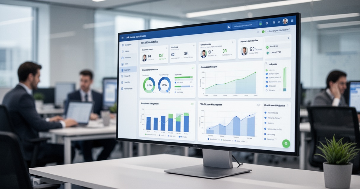 Nowoczesne biuro z monitorem pokazującym dashboard HR – wykresy wydajności i dane zarządzania zasobami ludzkimi w systemie Co