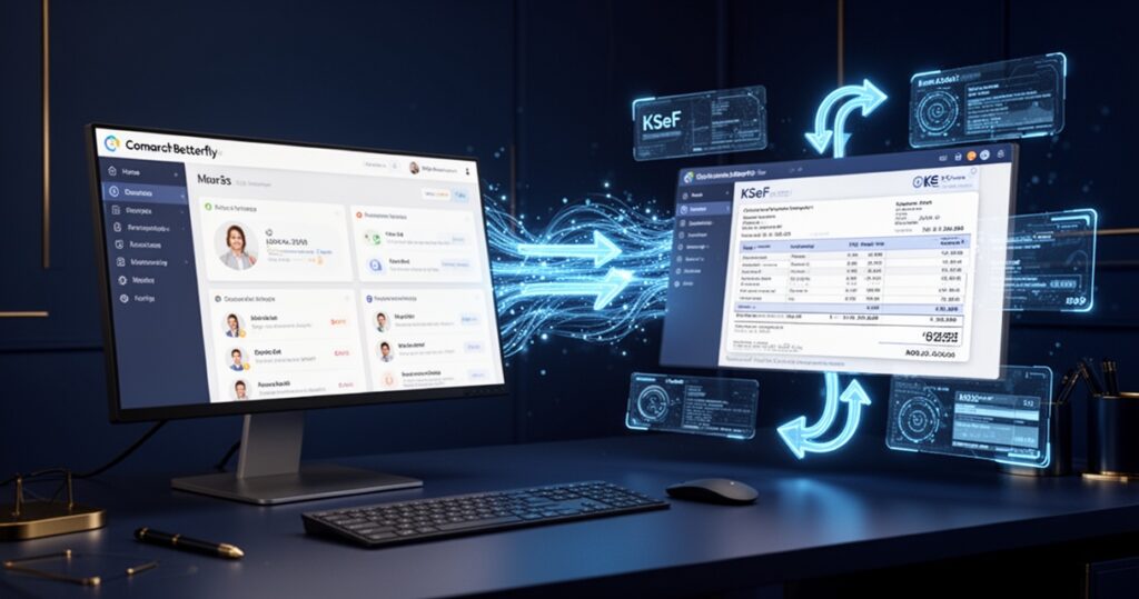 Integracja Comarch Betterfly z KSeF – dwa interfejsy połączone przepływem danych, dashboard HR i system e-faktur