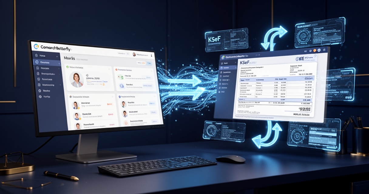 Integracja Comarch Betterfly z KSeF – dwa interfejsy połączone przepływem danych, dashboard HR i system e-faktur