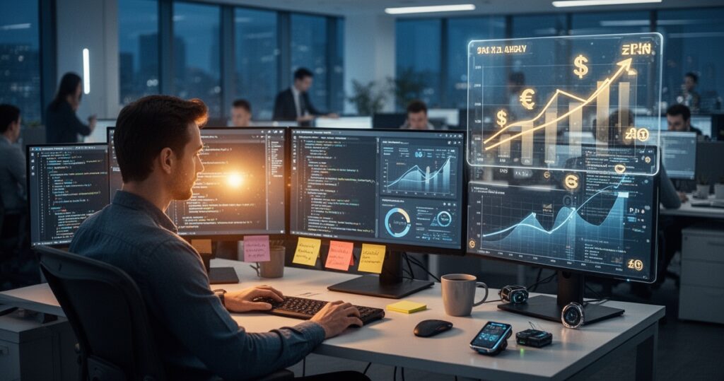 Programista w Comarch przy biurku z monitorami z kodem, w tle open-space biuro, holograficzny wykres wzrostu wynagrodzenia w