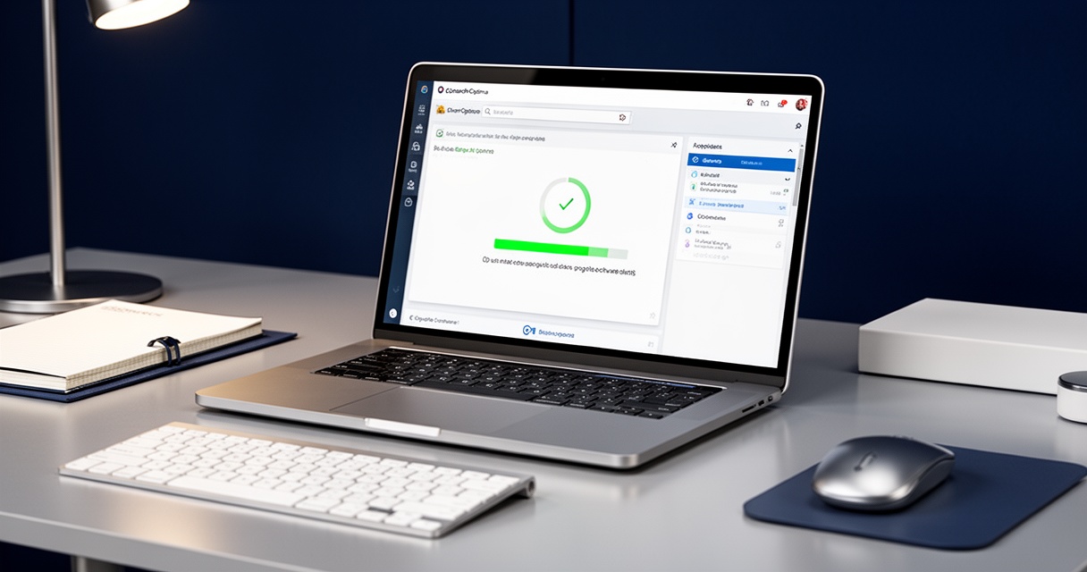 Laptop z widocznym interfejsem Comarch Optima i paskiem postępu aktualizacji oprogramowania na ekranie