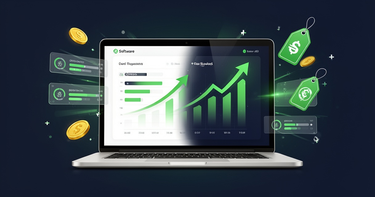 Laptop z dashboardem pokazującym aktualizację oprogramowania, strzałki wzrostu, monety i ikona ceny na tle granatowym