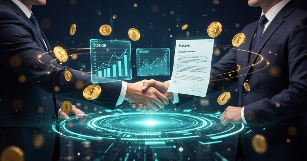Dwoje biznesmenów ściskających dłonie nad cyfrową platformą finansową z holograficznymi wykresami i dokumentami pożyczkowymi