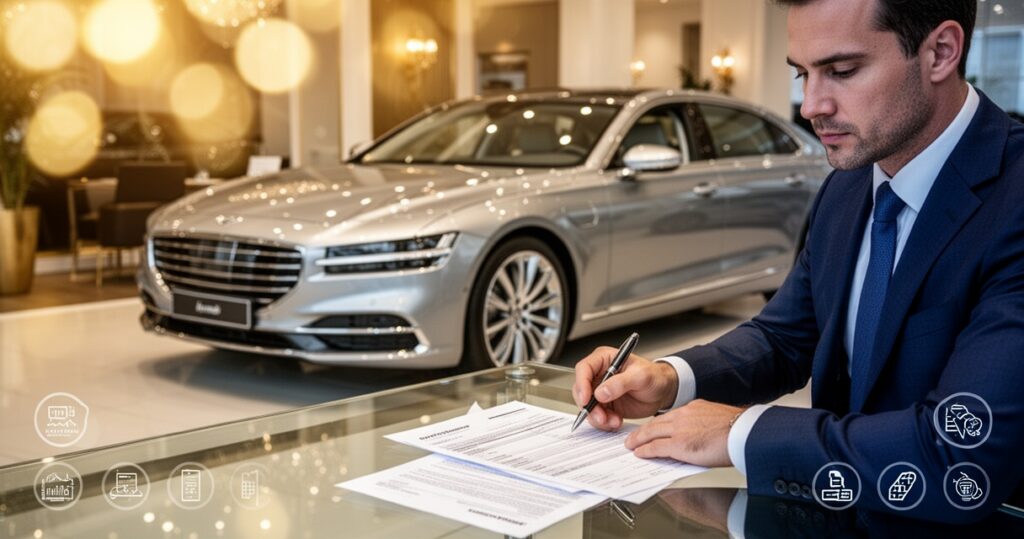 Elegancki srebrny samochód w salonie dealerskim, mężczyzna w garniturze przegląda dokumenty finansowe przy szklanym biurku.