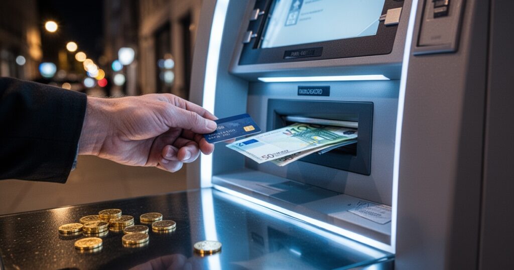 Dłoń wkładająca kartę bankową do bankomatu świecącego niebieskim światłem, z widocznymi banknotami euro w szczelinie wypłaty