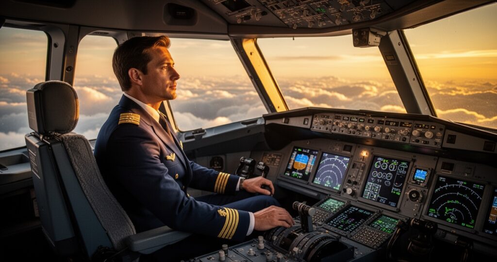 Pilot w granatowym mundurze ze złotymi epoletami siedzi w kokpicie samolotu pasażerskiego na tle złocistego zachodu słońca