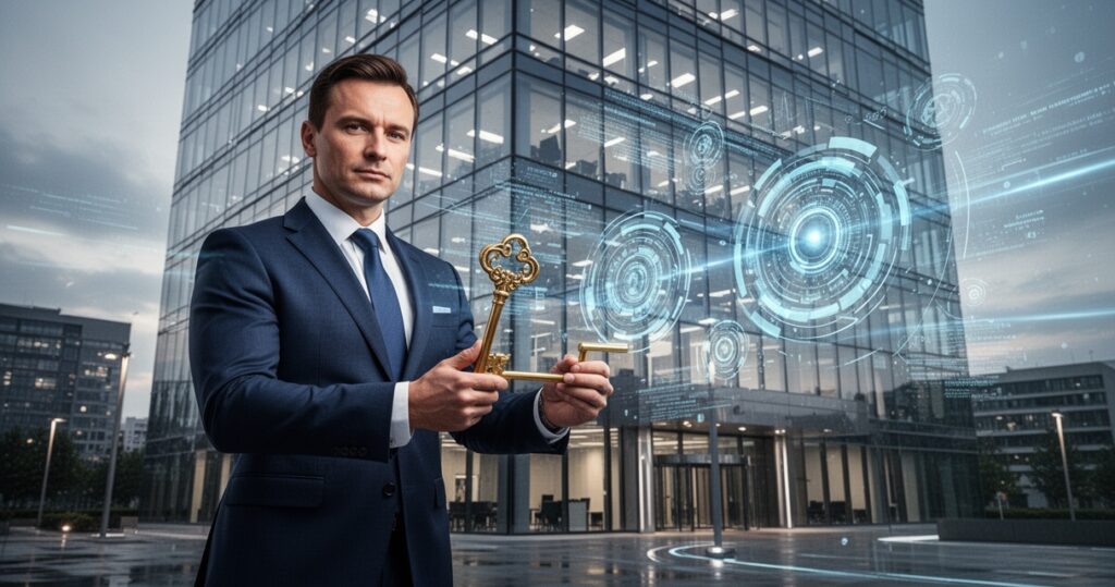 Pewny siebie biznesmen w garniturze trzyma złoty klucz przed nowoczesnym szklanych biurowcem firmy technologicznej