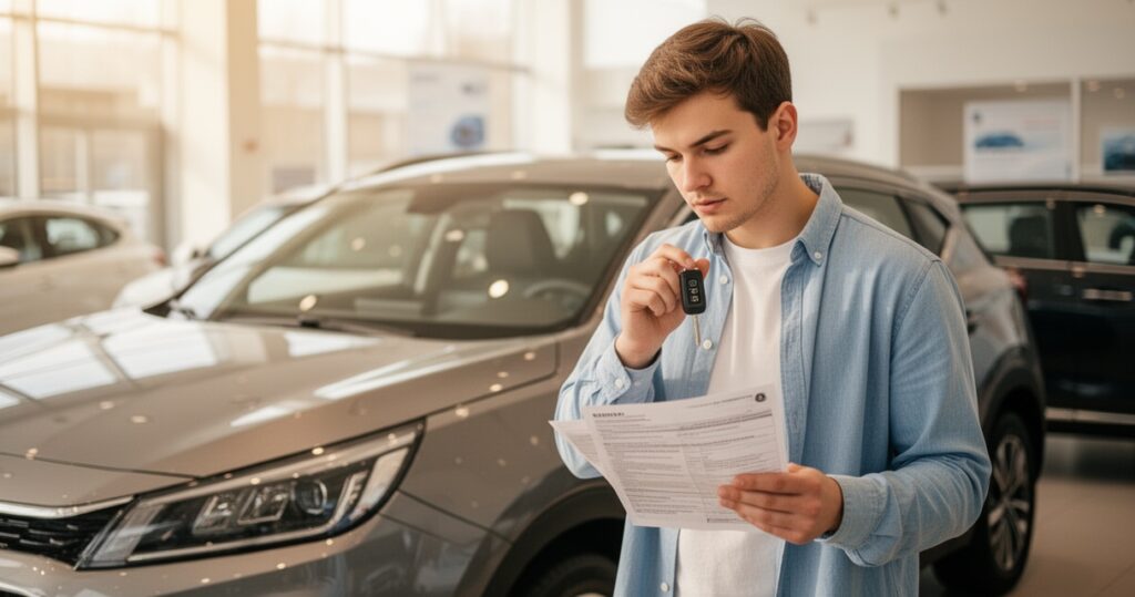 Młody kierowca trzymający kluczyki stoi przy nowym samochodzie w salonie, przeglądając dokumenty ubezpieczeniowe.