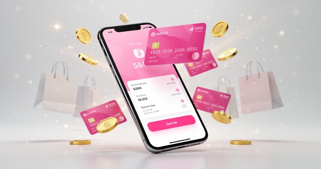 Smartfon z aplikacją płatniczą Klarna w różowo-białej kolorystyce, otoczony kartami kredytowymi, torbami zakupowymi i złotymi