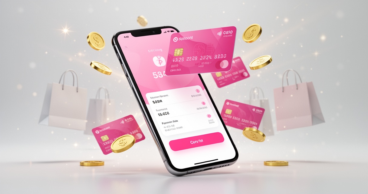 Smartfon z aplikacją płatniczą Klarna w różowo-białej kolorystyce, otoczony kartami kredytowymi, torbami zakupowymi i złotymi