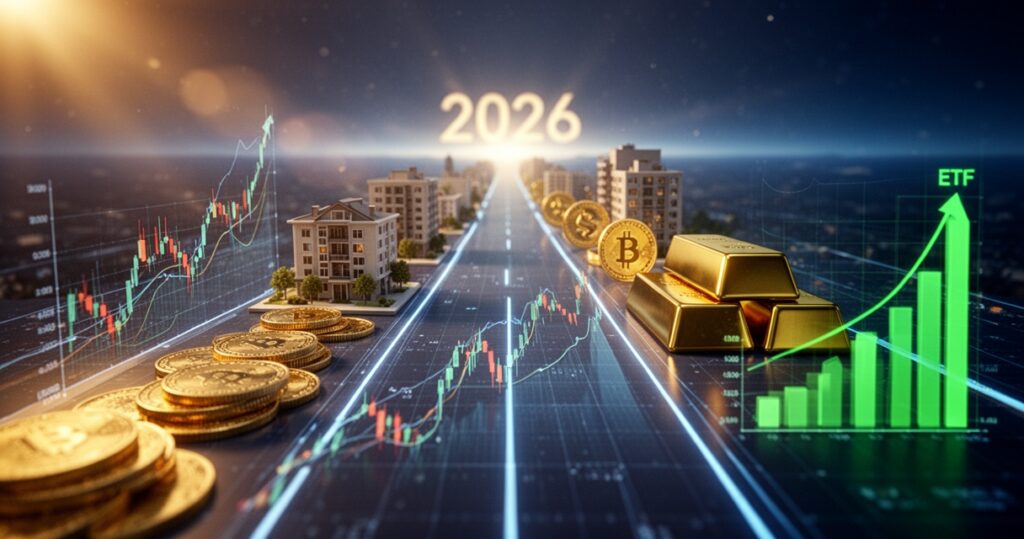 Panorama aktywów inwestycyjnych: złote monety, wykresy giełdowe, nieruchomości, sztabki złota i kryptowaluty na tle roku 2026