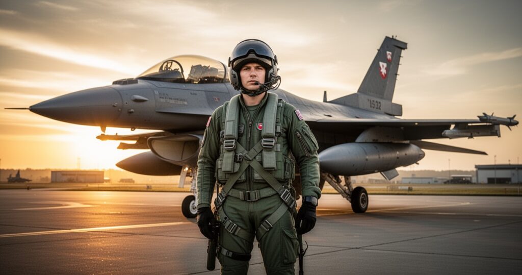 Pilot wojskowy w kombinezonie lotniczym stoi przed myśliwcem F-16 Polskich Sił Powietrznych na lotnisku o zachodzie słońca