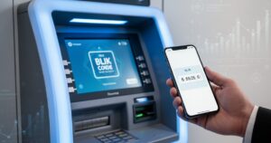 Bankomat wyświetlający interfejs BLIK, dłoń trzymająca smartfon z 6-cyfrowym kodem BLIK