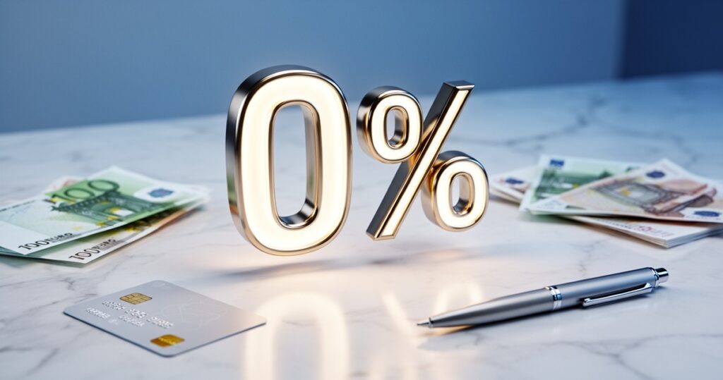 Symbol 0% z chromu unoszący się nad białym marmurem, otoczony banknotami euro, kartą kredytową i eleganckim piórem