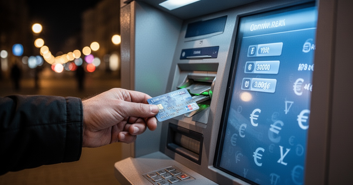 Dłoń wkładająca zagraniczną kartę bankową do polskiego bankomatu nocą, ekran wyświetla opcje walut