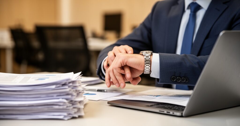 Biznesmen w garniturze sprawdza zegarek przy biurku z dokumentami i laptopem w biurze