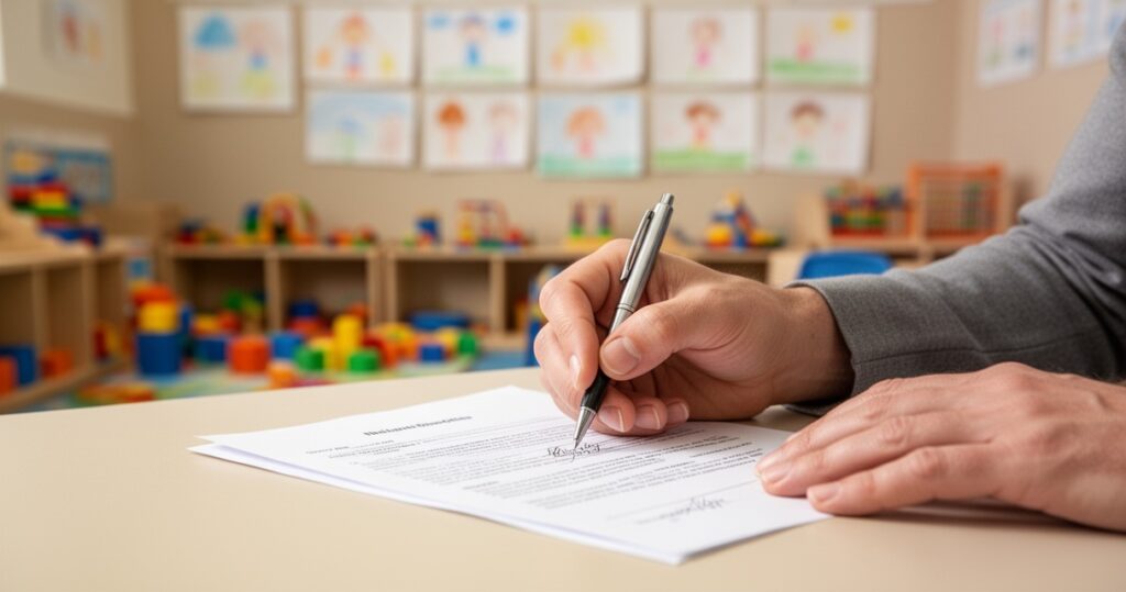 Dłoń rodzica podpisująca dokument długopisem, w tle rozmyta sala przedszkolna z kolorowymi zabawkami