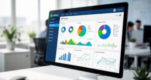 Ekran komputera z kolorowym dashboardem ERP – wykresy i analizy danych w odcieniach niebieskiego i zielonego