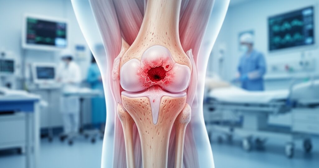 Zbliżenie na kolano z widocznym urazem rzepki, w tle rozmazane wnętrze szpitala, chłodne oświetlenie kliniczne