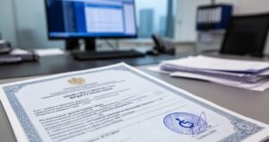 Oficjalny dokument orzeczenia o niepełnosprawności z pieczęcią urzędową, w tle biurko z komputerem i dokumentami