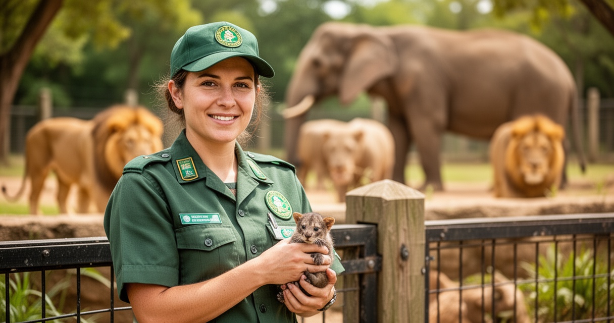 Opiekun zoo w mundurze przy wybiegu zwierząt, w tle nieostre sylwetki dużych zwierząt w naturalnym świetle.