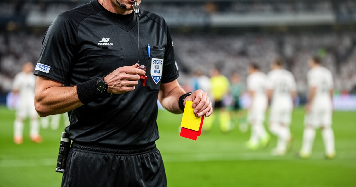Sędzia piłkarski w czarnym stroju trzymający gwizdek i kartki podczas meczu, rozmyte tło stadionu.
