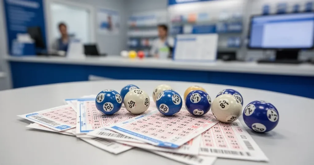 Losy na loterii i kule losowania na tle rozmytego biura lub punktu sprzedaży Lotto