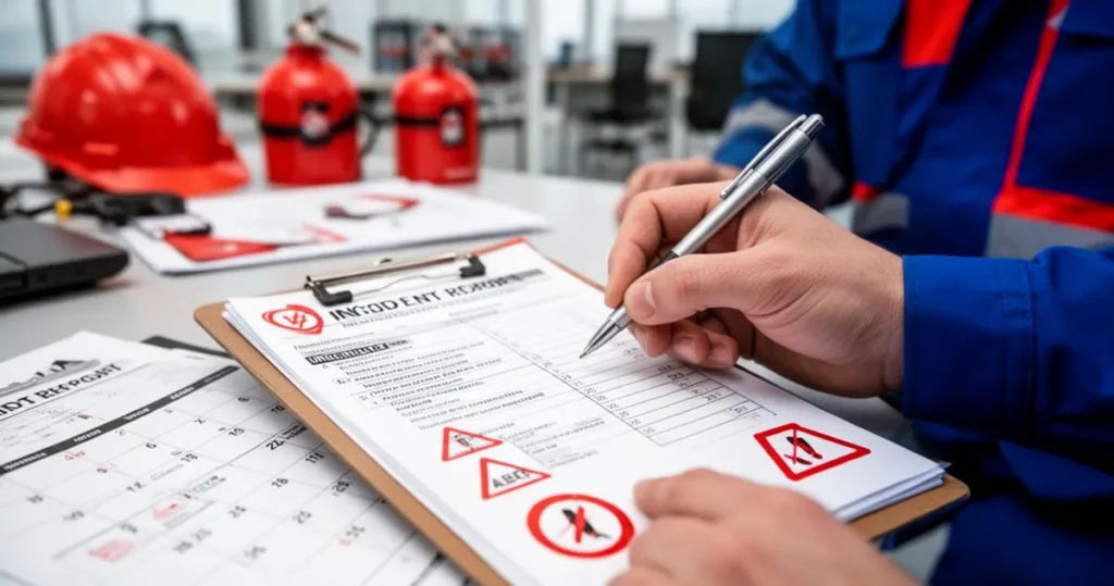 Pracownik wypełnia formularz zgłoszenia wypadku na clipboardzie z czerwonymi symbolami alertu i kalendarzem