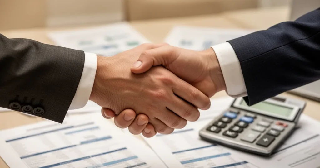 Uścisk dłoni między klientem a bankierem w biurze, w tle dokumenty finansowe i kalkulator.