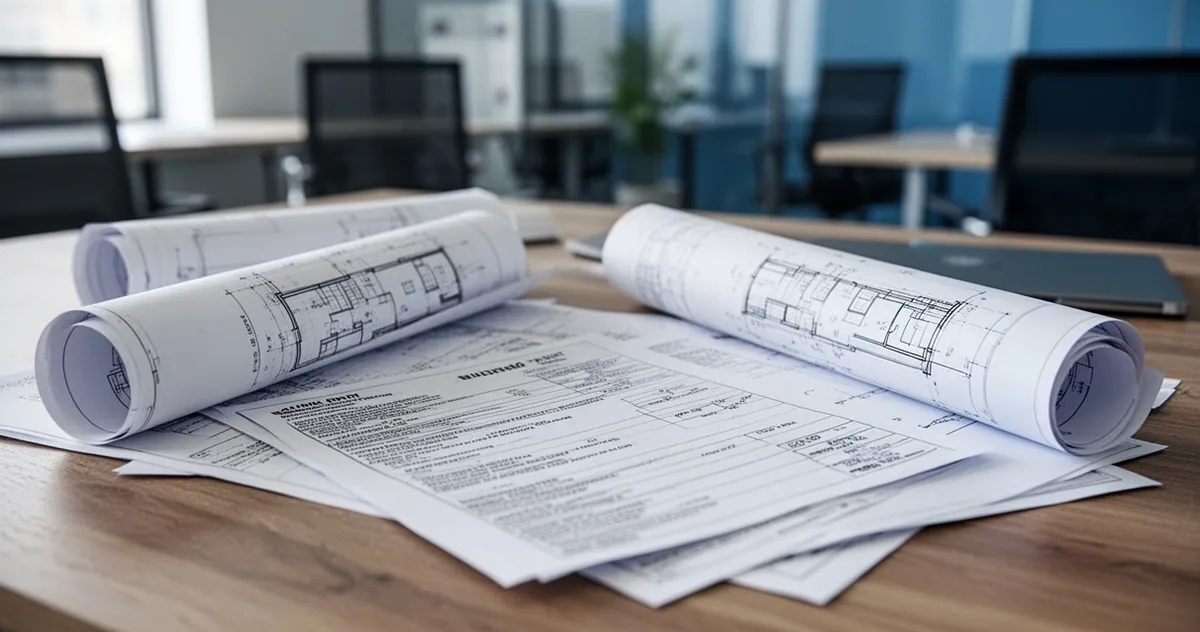 Plany architektoniczne i dokumenty pozwolenia na budowę leżące na drewnianym biurku w biurze.