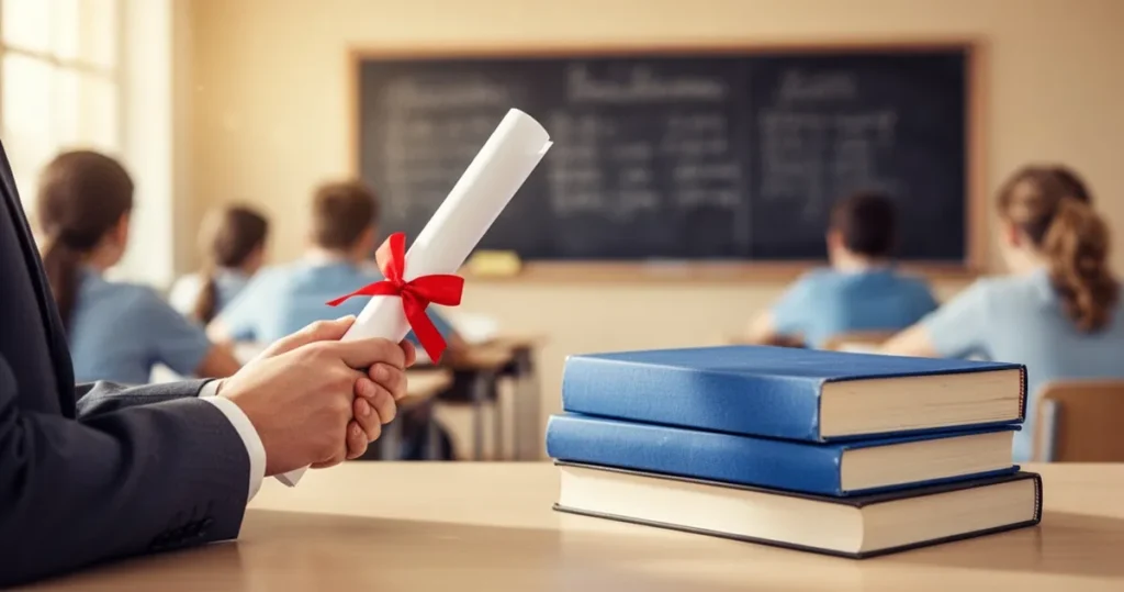 Osoba trzymająca dyplom i książki, w tle rozmazana sala lekcyjna z uczniami i tablicą