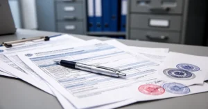 Wypełniony formularz wniosku ubezpieczenia zdrowotnego, długopis, dokumenty i pieczęcie urzędowe na biurku